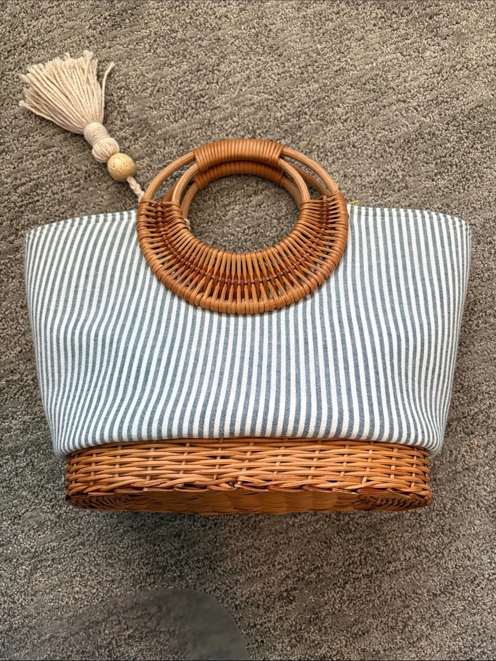 Straw Studios, Striped Canvas and Rattan Tote Bag with Tassel - Blue/White - Picture 3 of 9